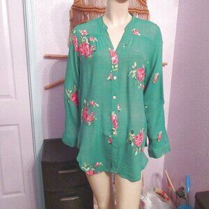 Fig And Flower Embroidered Gauze Top Size M Tunic Button Up Light Sheer Boho